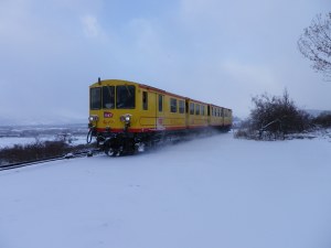 Train jaune arrivant en gare d'Estavar - Photo: Pierre Campmajo 